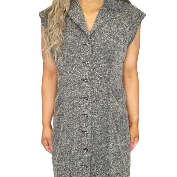 Gray Button Front Dress Womens 12 Collared Ruched Cap Sleeve Shift Knee Length - Picture 2 of 16